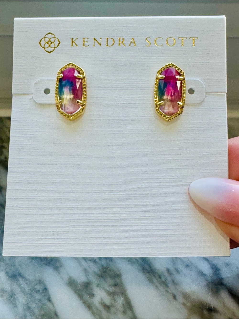 Kendra Scott Earrings — Gold Iridescent Pink Blue Watercolor Oval Studs - Picture 3 of 5